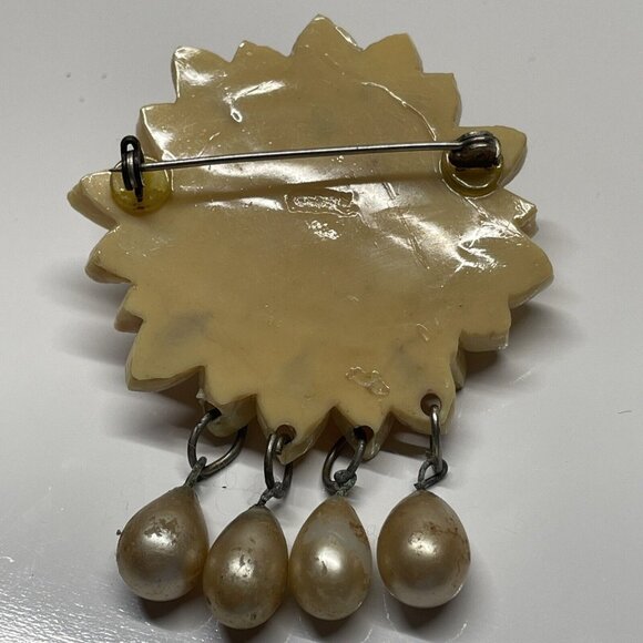 vintage Carved celluloid flower brooch dangle Beads Signed Handmade Aged 3D - Picture 8 of 14